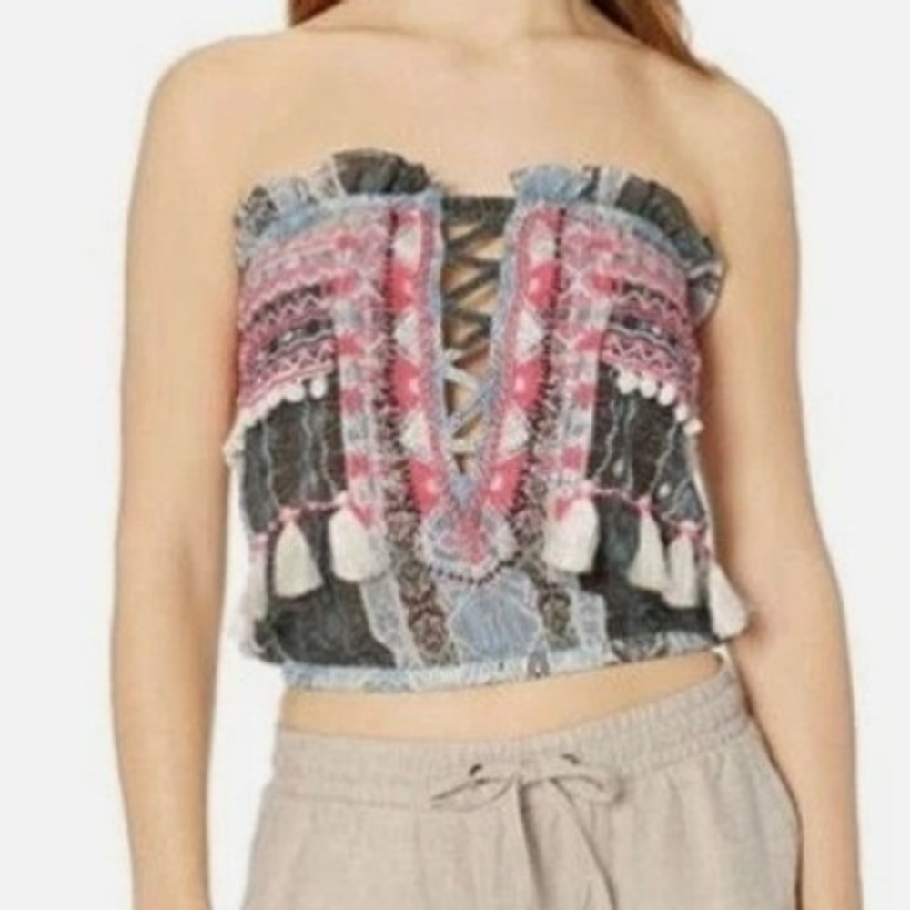 Ramy Brook Alessia Top Pink Embroidered‎ Pom Pom Tassel Strapless Boho Medium